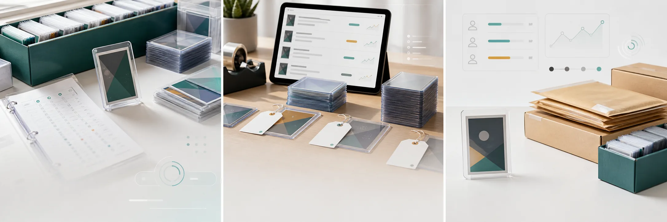 Three marketplace workflow panels showing organized card inventory, pricing review, and shipping preparation.
